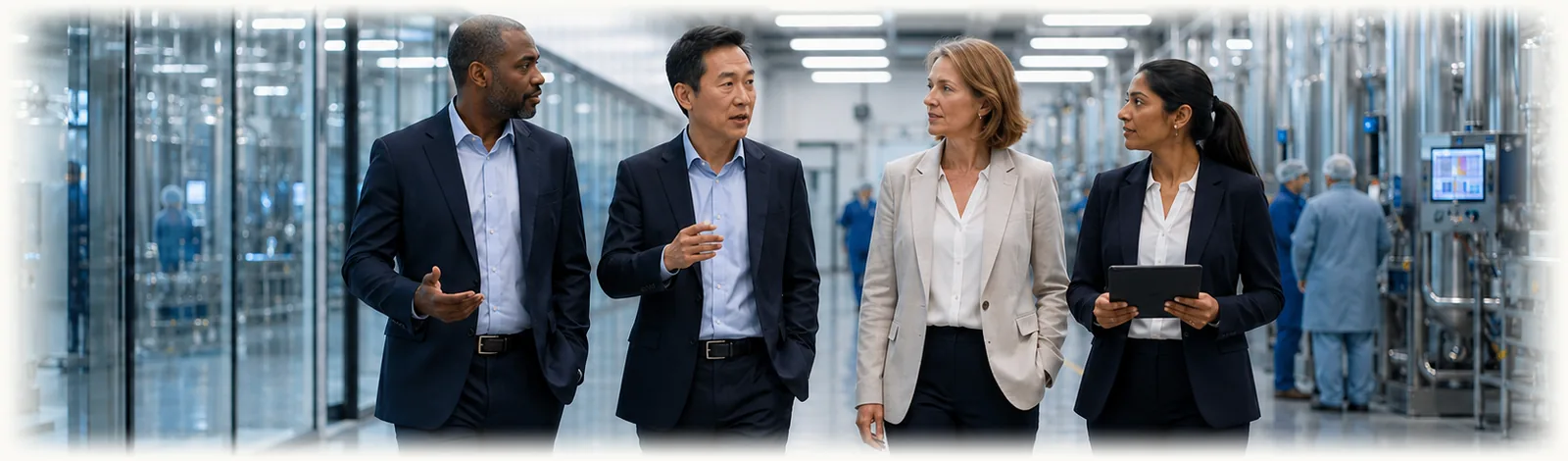Leadership walking a biomanufacturing corridor (illustrative)