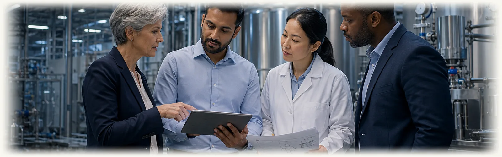 Cross-functional leadership review on a biomanufacturing floor (illustrative)