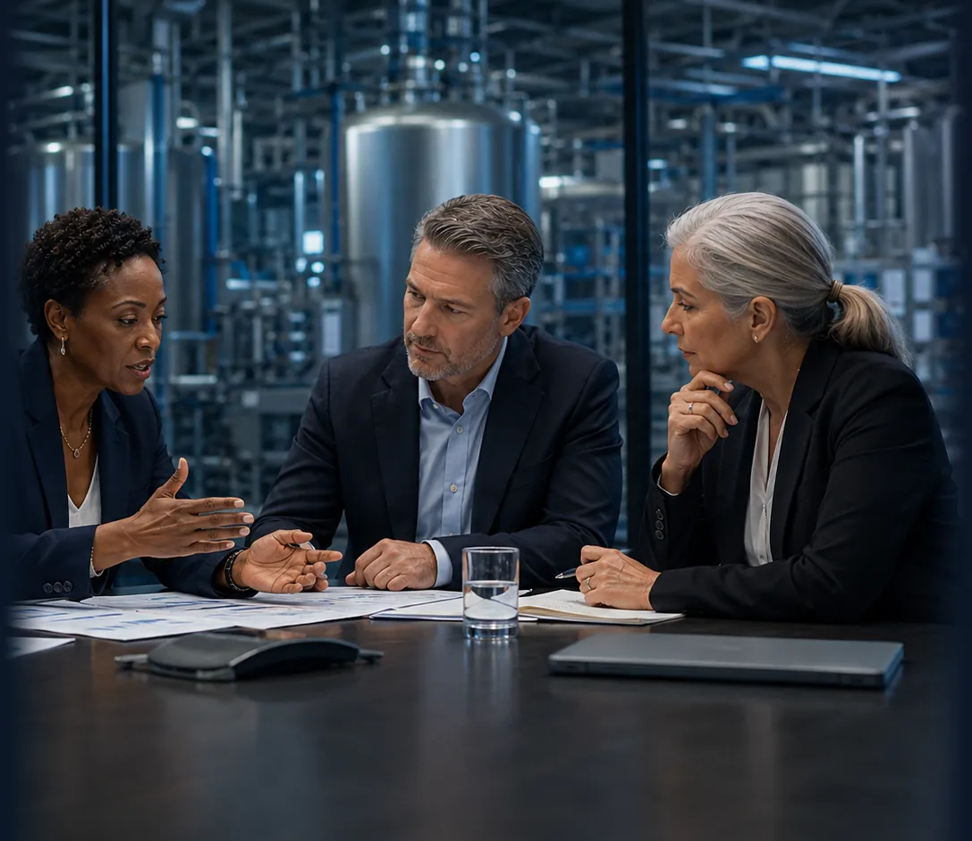 A biopharma board conversation with the manufacturing plant in view (illustrative)