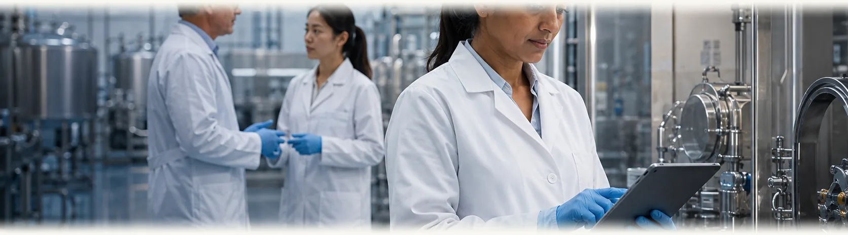 Quality control inspection on a cleanroom line (illustrative)
