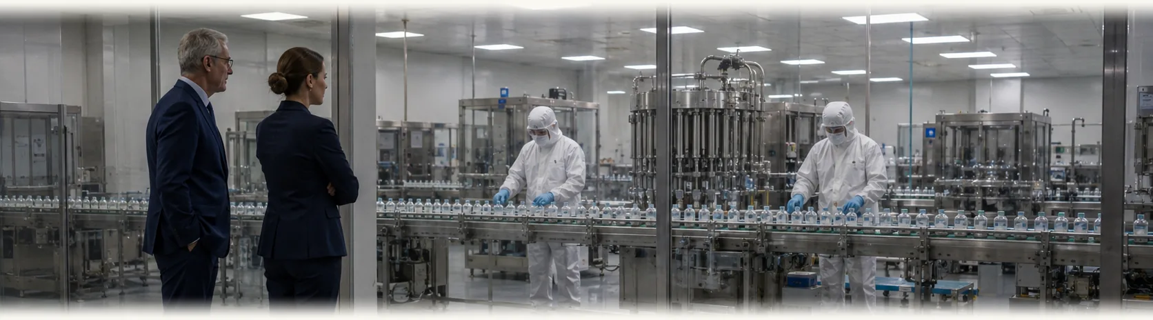 Sterile fill-finish line with fully gowned operators, executives observing from behind glass (illustrative)